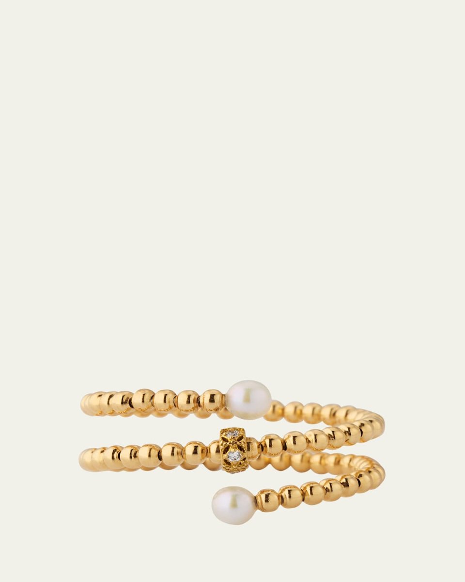 18K Yellow Gold Diadem Double Wrap Center Diamond and Mini Pearl Ring